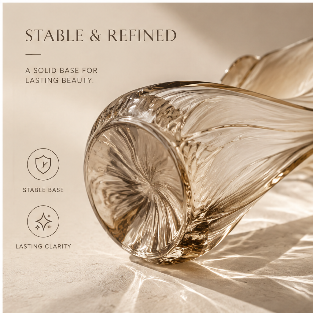 FORMIQI wide petal glass vase stable and refined, bottom view showing solid base and lasting clarity