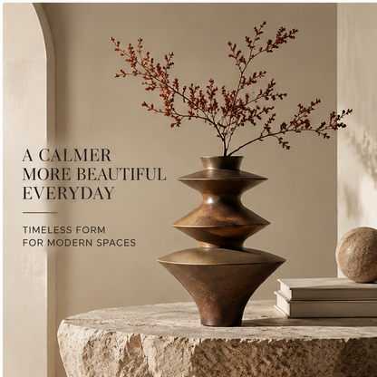 FORMIQI bronze stacked disc vase thoughtful details close-up showing rich texture and lasting material