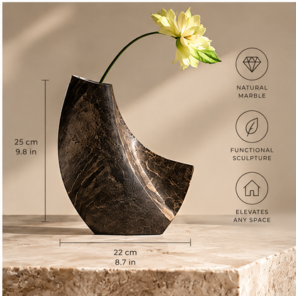 FORMIQI crescent marble vase artful form view showing bold curves and polished surface