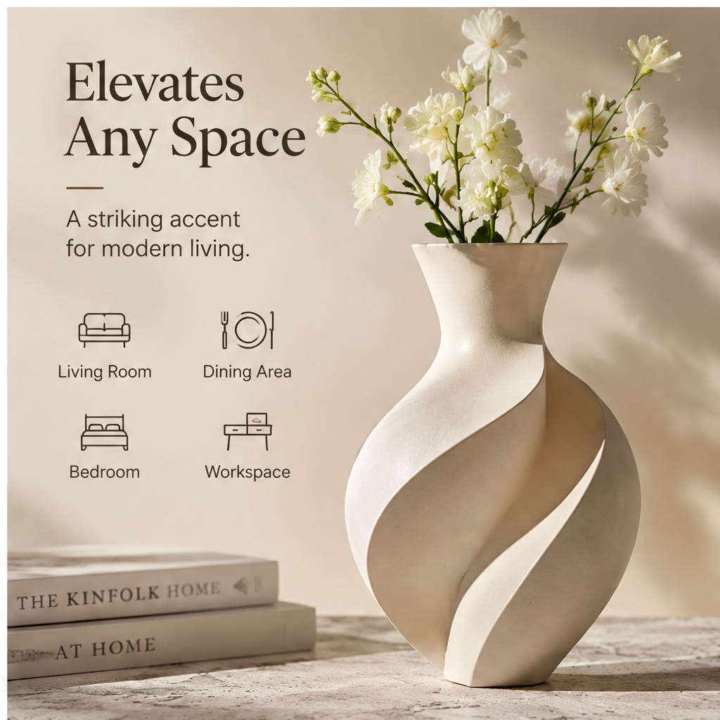 FORMIQI ivory spiral vase refined details close-up showing matte textured finish and geometric form