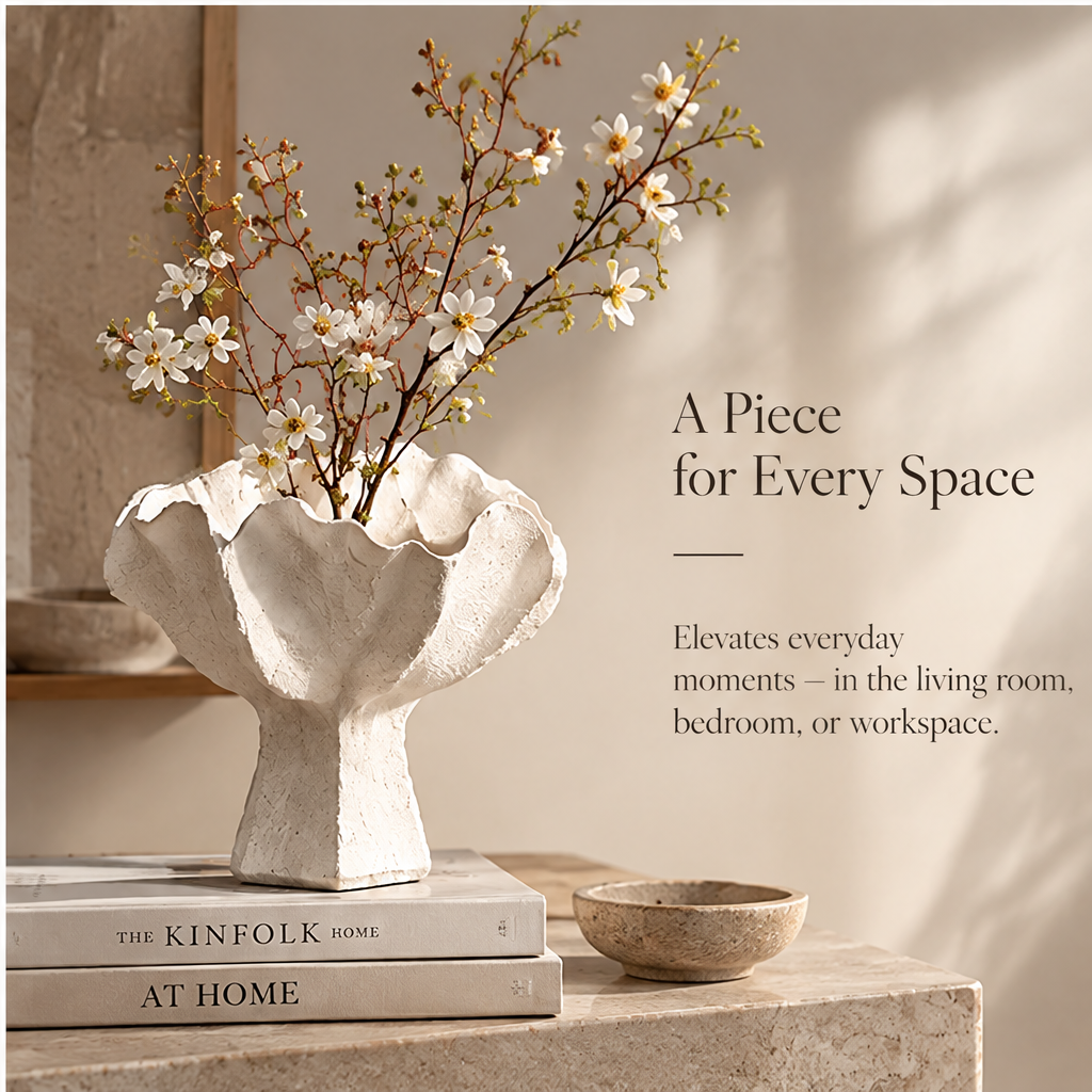 FORMIQI white sculptural vase in warm natural window light with blossom branches