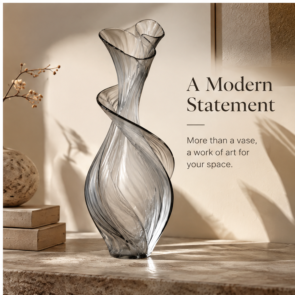 FORMIQI spiral-ribbon glass vase inspired by nature, top view showing organic curves like a blooming flower
