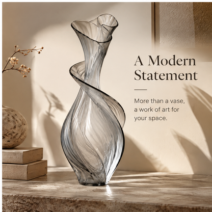 FORMIQI spiral-ribbon glass vase inspired by nature, top view showing organic curves like a blooming flower