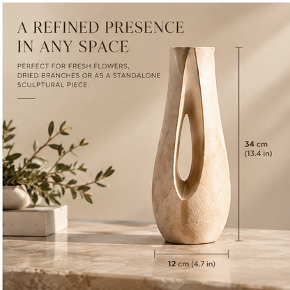 FORMIQI tall sculptural vase close-up showing arch cutout and premium stone texture